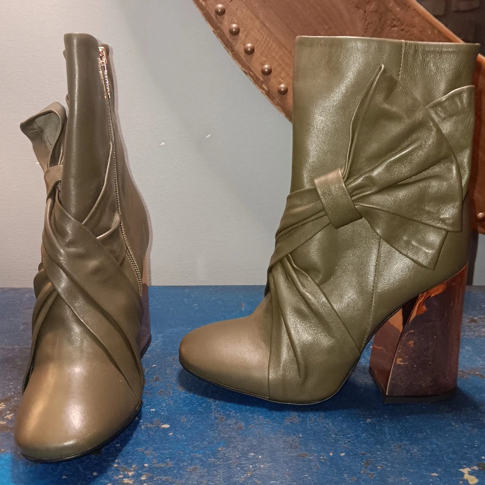 Ivy Krizhner Leather Olive Green Leather Ankle Boots with Bow Detail